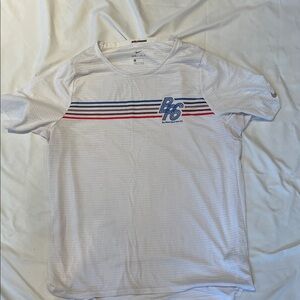 Nike Running White Short Sleeve Dri-FIT Tee with Blue and Red Stripes